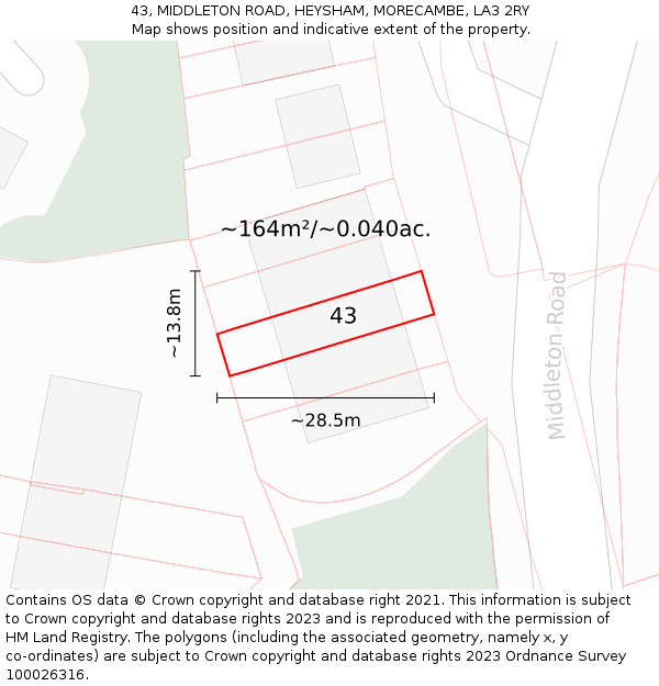 43, MIDDLETON ROAD, HEYSHAM, MORECAMBE, LA3 2RY: Plot and title map