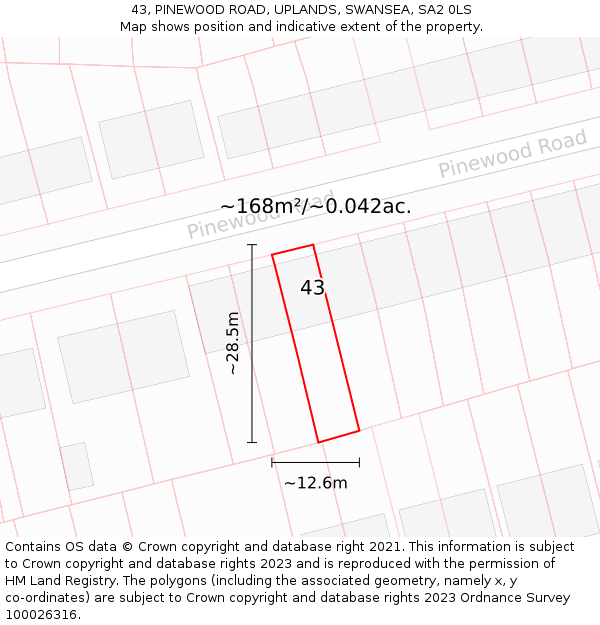 43, PINEWOOD ROAD, UPLANDS, SWANSEA, SA2 0LS: Plot and title map