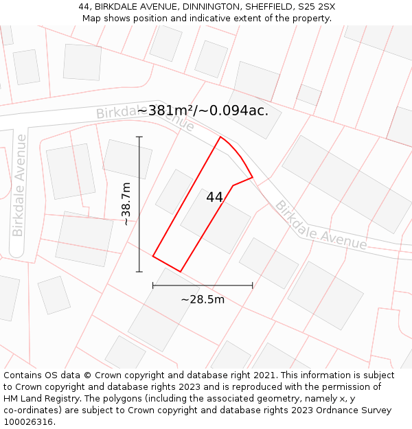 44, BIRKDALE AVENUE, DINNINGTON, SHEFFIELD, S25 2SX: Plot and title map