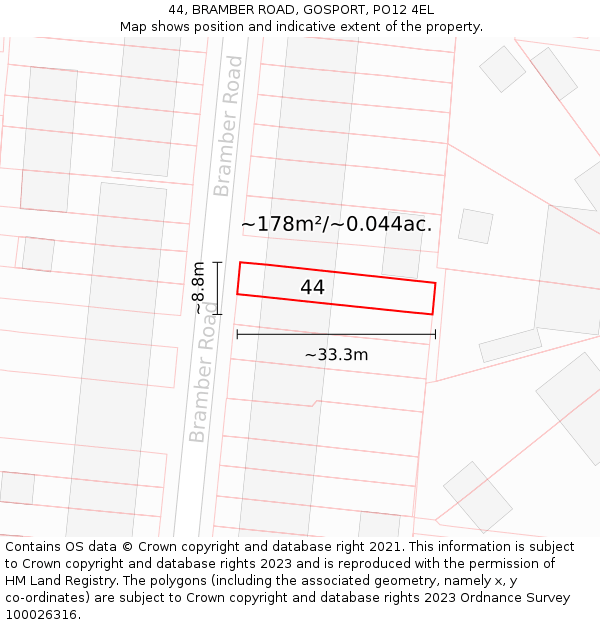 44, BRAMBER ROAD, GOSPORT, PO12 4EL: Plot and title map