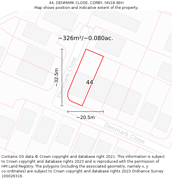 44, DENMARK CLOSE, CORBY, NN18 9EH: Plot and title map