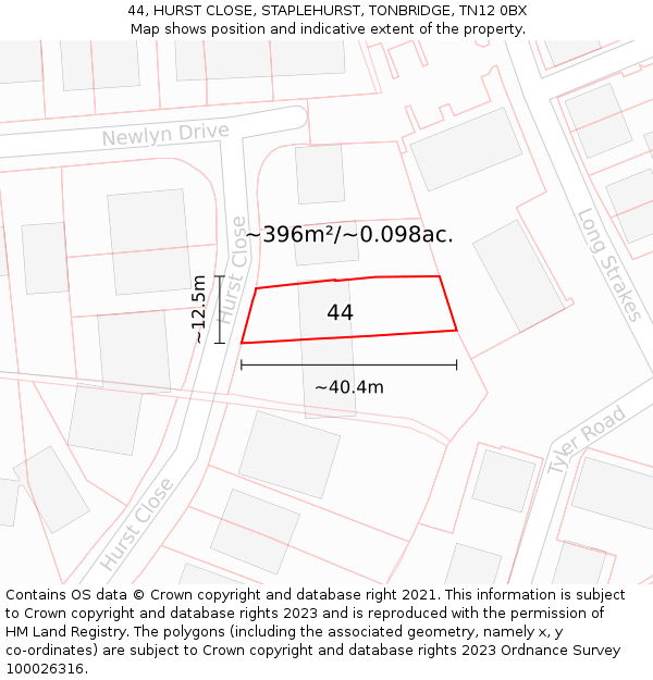 44, HURST CLOSE, STAPLEHURST, TONBRIDGE, TN12 0BX: Plot and title map