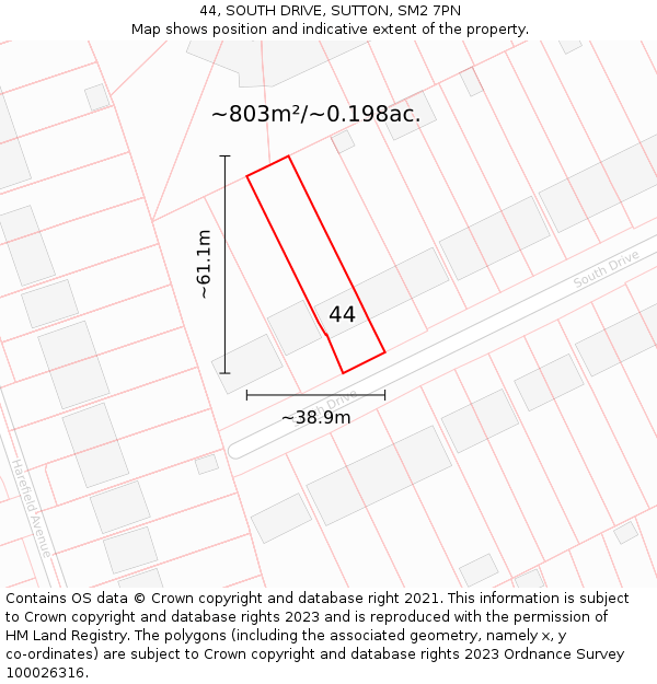 44, SOUTH DRIVE, SUTTON, SM2 7PN: Plot and title map