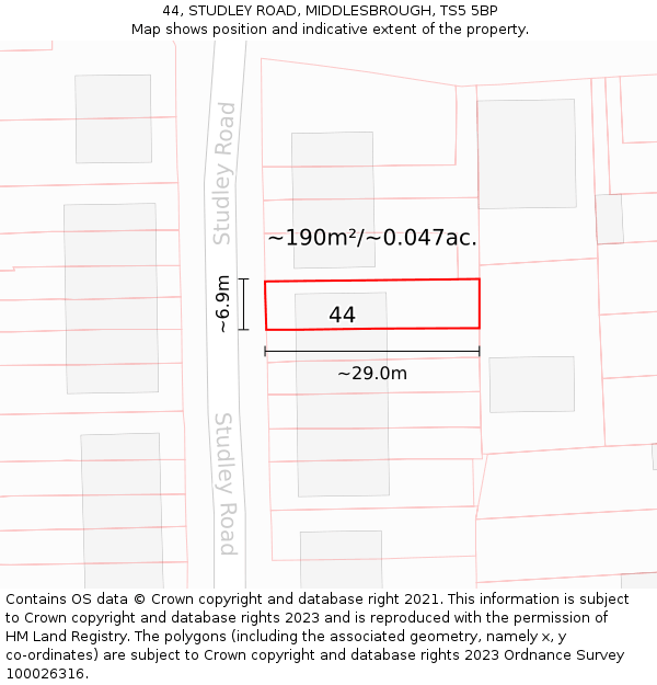 44, STUDLEY ROAD, MIDDLESBROUGH, TS5 5BP: Plot and title map