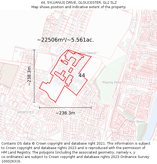 44, SYLVANUS DRIVE, GLOUCESTER, GL2 5LZ: Plot and title map