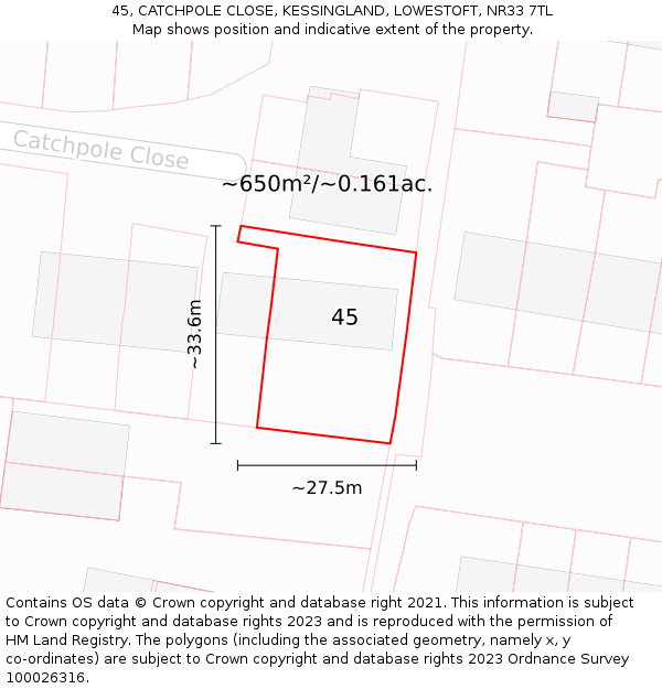 45, CATCHPOLE CLOSE, KESSINGLAND, LOWESTOFT, NR33 7TL: Plot and title map