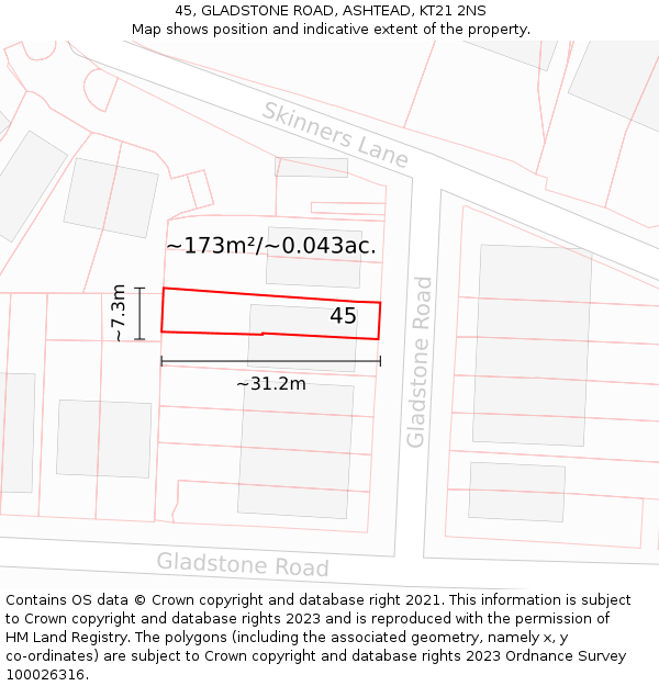 45, GLADSTONE ROAD, ASHTEAD, KT21 2NS: Plot and title map
