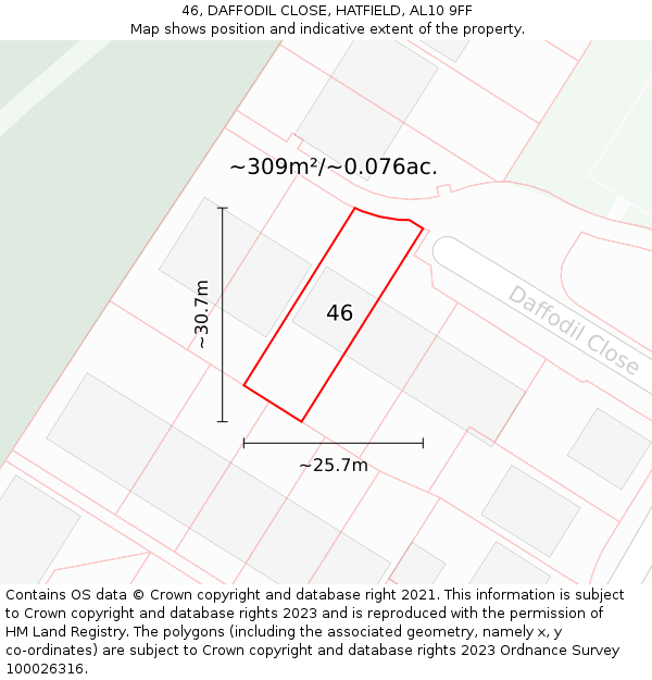 46, DAFFODIL CLOSE, HATFIELD, AL10 9FF: Plot and title map