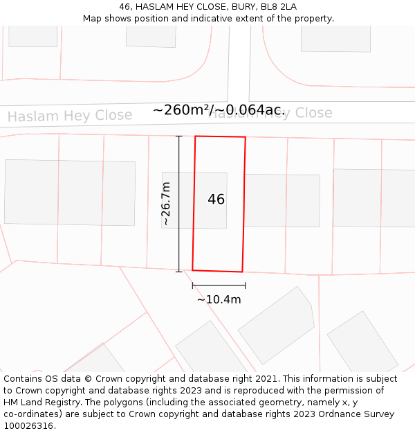 46, HASLAM HEY CLOSE, BURY, BL8 2LA: Plot and title map