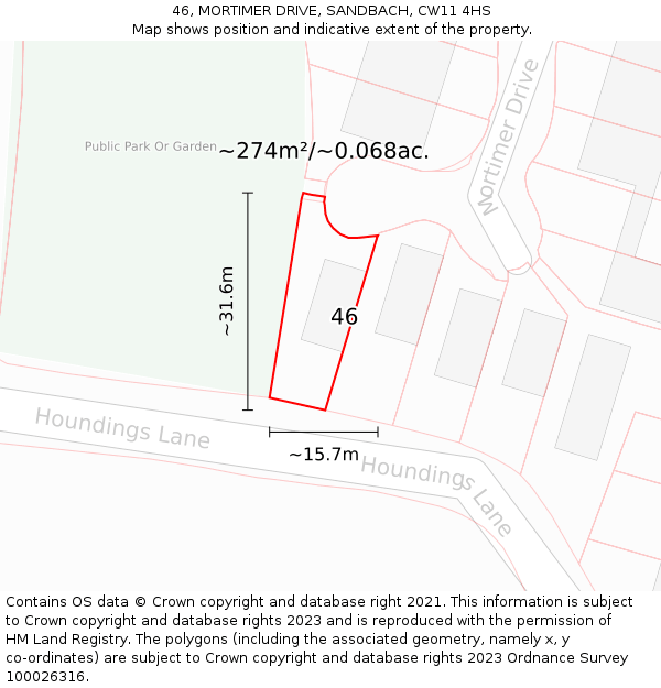 46, MORTIMER DRIVE, SANDBACH, CW11 4HS: Plot and title map