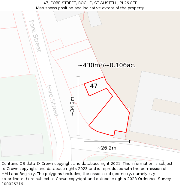 47, FORE STREET, ROCHE, ST AUSTELL, PL26 8EP: Plot and title map