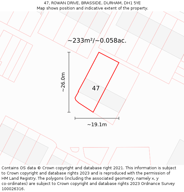 47, ROWAN DRIVE, BRASSIDE, DURHAM, DH1 5YE: Plot and title map