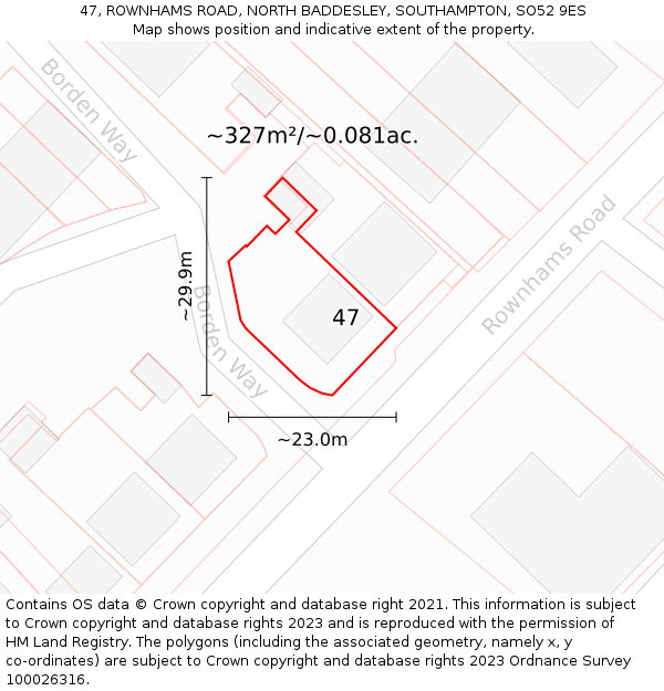 47, ROWNHAMS ROAD, NORTH BADDESLEY, SOUTHAMPTON, SO52 9ES: Plot and title map
