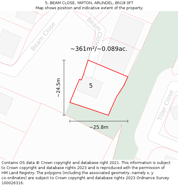 5, BEAM CLOSE, YAPTON, ARUNDEL, BN18 0FT: Plot and title map