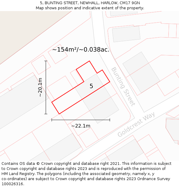 5, BUNTING STREET, NEWHALL, HARLOW, CM17 9GN: Plot and title map