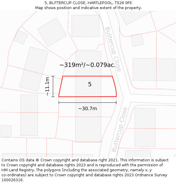 5, BUTTERCUP CLOSE, HARTLEPOOL, TS26 0FE: Plot and title map