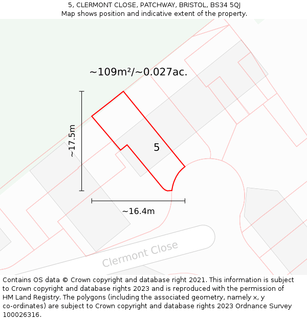 5, CLERMONT CLOSE, PATCHWAY, BRISTOL, BS34 5QJ: Plot and title map