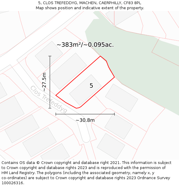 5, CLOS TREFEDDYG, MACHEN, CAERPHILLY, CF83 8PL: Plot and title map