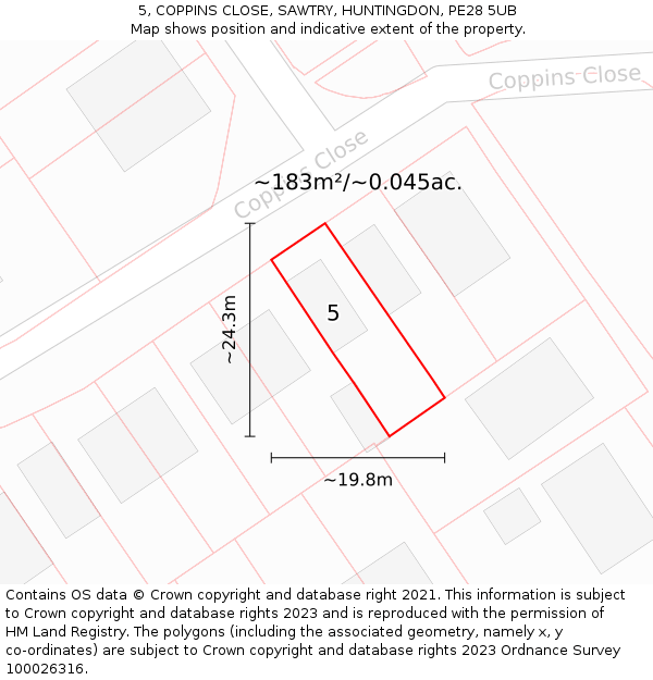 5, COPPINS CLOSE, SAWTRY, HUNTINGDON, PE28 5UB: Plot and title map