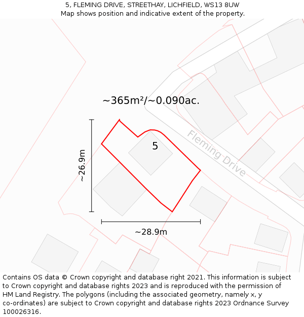 5, FLEMING DRIVE, STREETHAY, LICHFIELD, WS13 8UW: Plot and title map