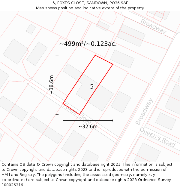 5, FOXES CLOSE, SANDOWN, PO36 9AF: Plot and title map