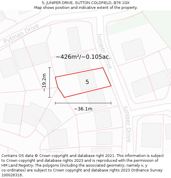 5, JUNIPER DRIVE, SUTTON COLDFIELD, B76 1GX: Plot and title map