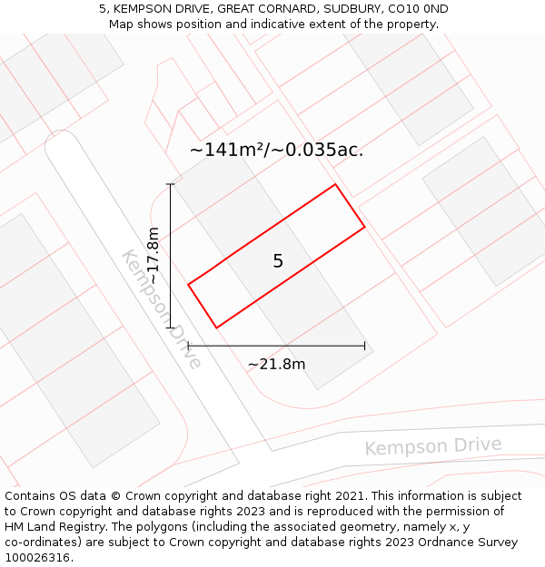 5, KEMPSON DRIVE, GREAT CORNARD, SUDBURY, CO10 0ND: Plot and title map