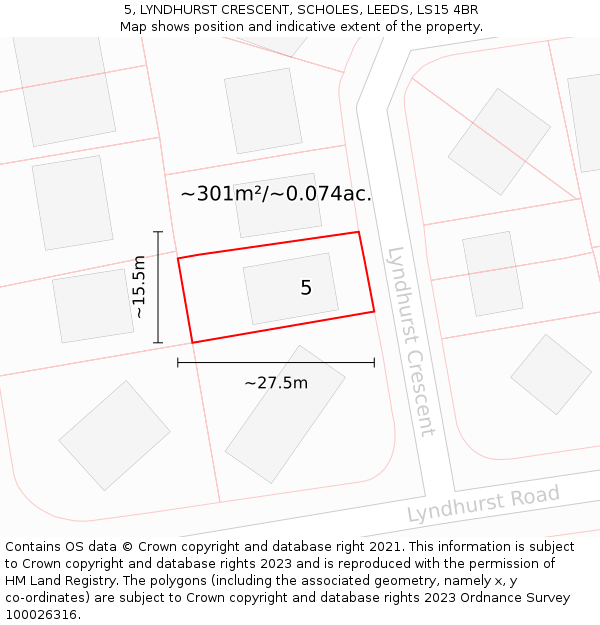 5, LYNDHURST CRESCENT, SCHOLES, LEEDS, LS15 4BR: Plot and title map