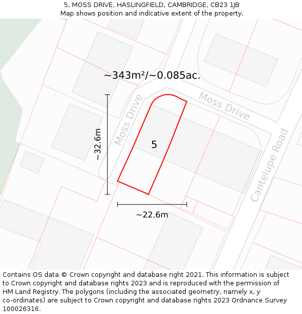 5, MOSS DRIVE, HASLINGFIELD, CAMBRIDGE, CB23 1JB: Plot and title map