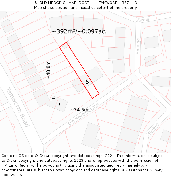 5, OLD HEDGING LANE, DOSTHILL, TAMWORTH, B77 1LD: Plot and title map
