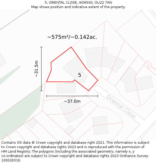 5, ORIENTAL CLOSE, WOKING, GU22 7AN: Plot and title map