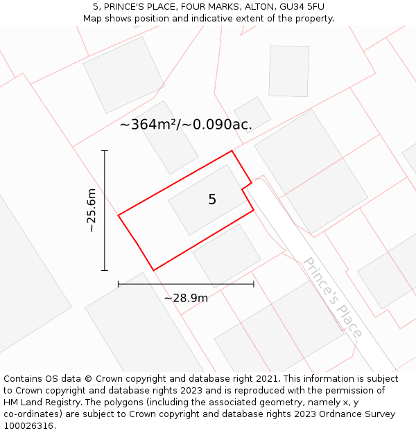 5, PRINCE'S PLACE, FOUR MARKS, ALTON, GU34 5FU: Plot and title map
