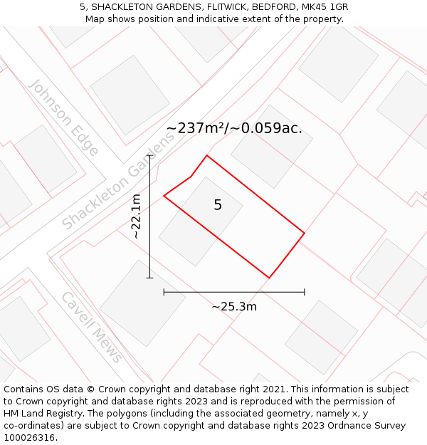 5, SHACKLETON GARDENS, FLITWICK, BEDFORD, MK45 1GR: Plot and title map