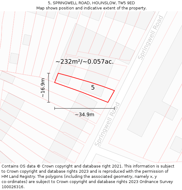 5, SPRINGWELL ROAD, HOUNSLOW, TW5 9ED: Plot and title map