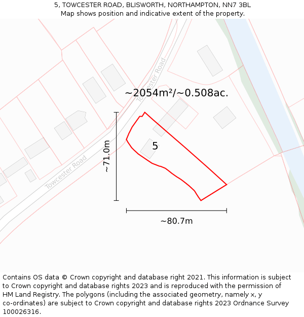 5, TOWCESTER ROAD, BLISWORTH, NORTHAMPTON, NN7 3BL: Plot and title map
