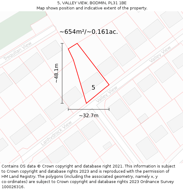 5, VALLEY VIEW, BODMIN, PL31 1BE: Plot and title map