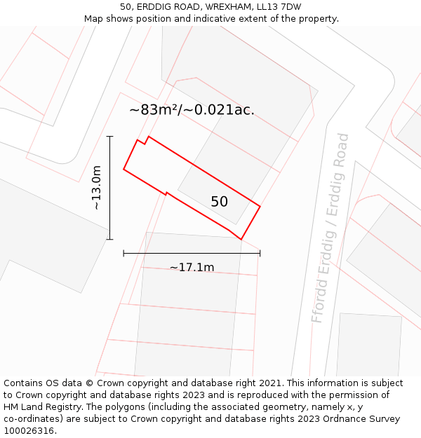 50, ERDDIG ROAD, WREXHAM, LL13 7DW: Plot and title map