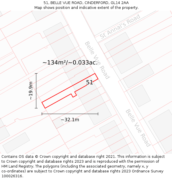 51, BELLE VUE ROAD, CINDERFORD, GL14 2AA: Plot and title map
