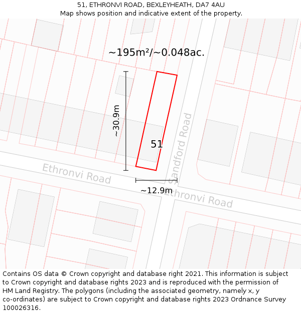 51, ETHRONVI ROAD, BEXLEYHEATH, DA7 4AU: Plot and title map