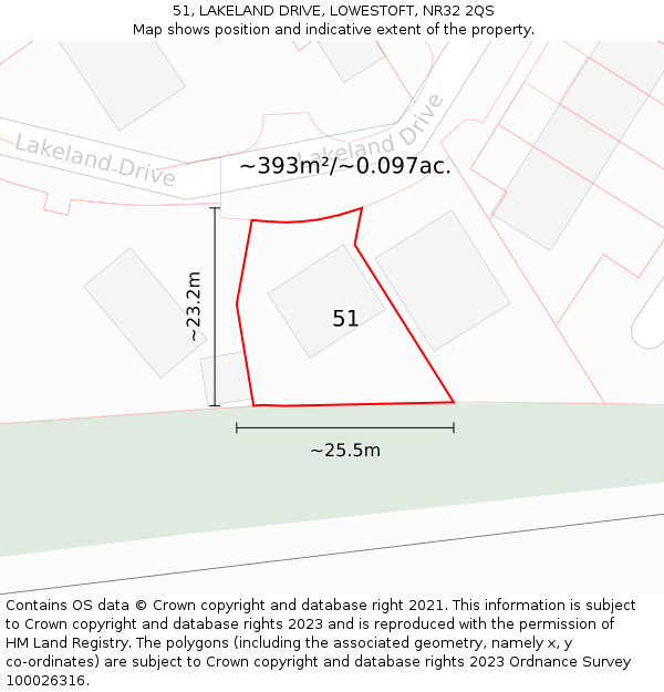 51, LAKELAND DRIVE, LOWESTOFT, NR32 2QS: Plot and title map
