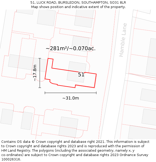 51, LUCK ROAD, BURSLEDON, SOUTHAMPTON, SO31 8LR: Plot and title map