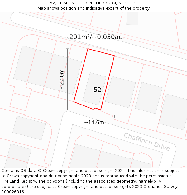 52, CHAFFINCH DRIVE, HEBBURN, NE31 1BF: Plot and title map