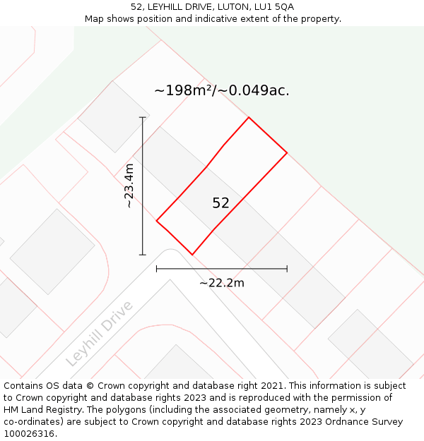 52, LEYHILL DRIVE, LUTON, LU1 5QA: Plot and title map