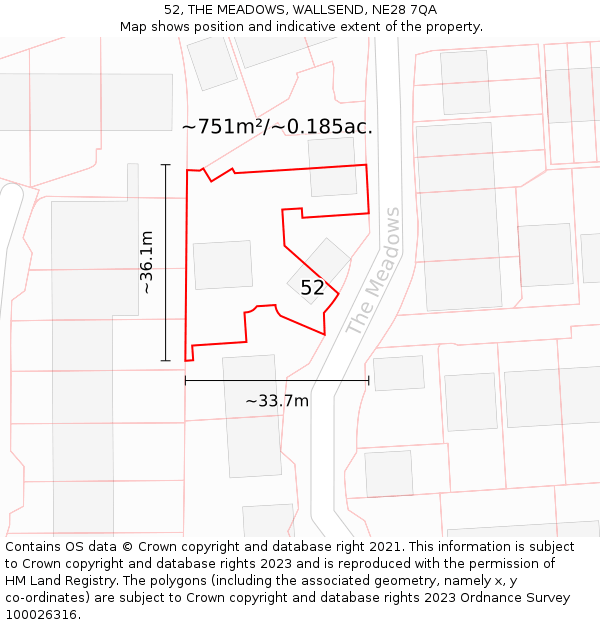 52, THE MEADOWS, WALLSEND, NE28 7QA: Plot and title map