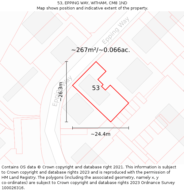 53, EPPING WAY, WITHAM, CM8 1ND: Plot and title map
