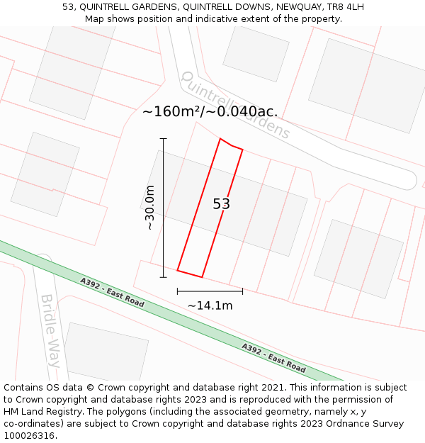53, QUINTRELL GARDENS, QUINTRELL DOWNS, NEWQUAY, TR8 4LH: Plot and title map
