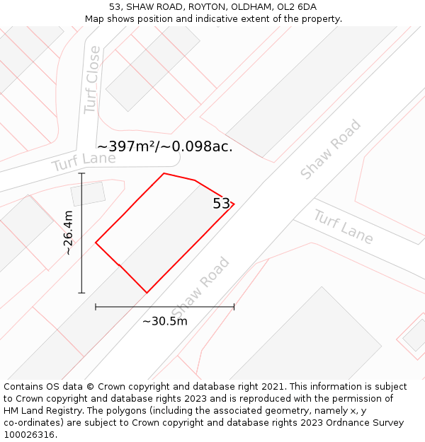 53, SHAW ROAD, ROYTON, OLDHAM, OL2 6DA: Plot and title map