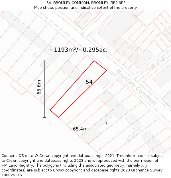 54, BROMLEY COMMON, BROMLEY, BR2 9PF: Plot and title map