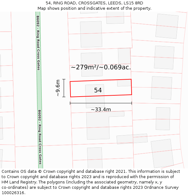 54, RING ROAD, CROSSGATES, LEEDS, LS15 8RD: Plot and title map