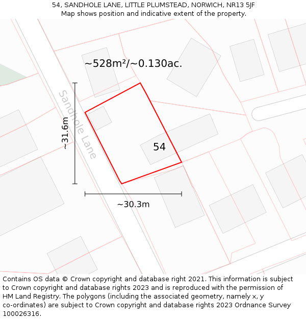 54, SANDHOLE LANE, LITTLE PLUMSTEAD, NORWICH, NR13 5JF: Plot and title map